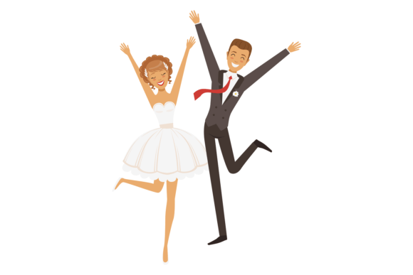 Excited Bride and Groom Jump of Joy. Hap